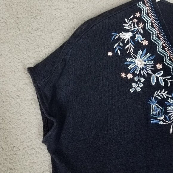 J. Jill Linen Shirt Women's Large Blue Floral Embroidered V-Neck Beach Casual - Picture 5 of 10